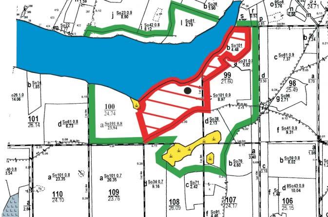 Ryc. 4. Przykładowa strefa ochronna dla puchacza Bubo bubo w jednym z nadleśnictw RDLP Szczecinek. Fig. 4. An exemplary of protection zone for Eagle Owl in one of the forestry district RDSF in Szczecinek (project D.