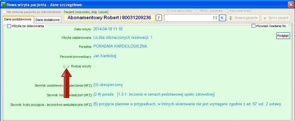 1. Została zmodyfikowana formatka Nowa wizyta dane szczegółowe została dodana możliwość zmiany wartości w polu Rodzaj wizyty bez