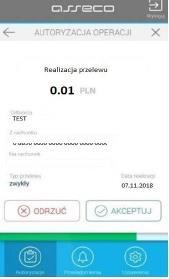 - Aplikacja mobilna mtoken Asseco MAA prezentuje dane dyspozycji do autoryzacji, w celu potwierdzenia przekazania dyspozycji do realizacji należy wybrać przycisk