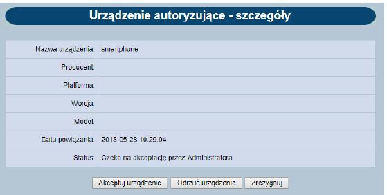 administracyjna lista urządzeń autoryzujących Po wyborze wskazanego wniosku oczekującego na akceptację, pojawia się formatka szczegółowa z możliwością akceptacji, odrzucenia lub wycofania się z