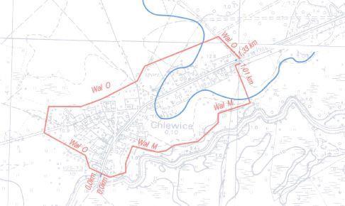Odcinek Chlewice-Porzecze Rys.6 Obszar zalewu wody 1%, wraz z schematem obwałowania.