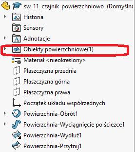 Pogrubienie Tak wykonanemu modelowi powierzchniowemu możemy nadać grubość. Z zakładki Powierzchnie wybieramy narzędzie Pogrub.