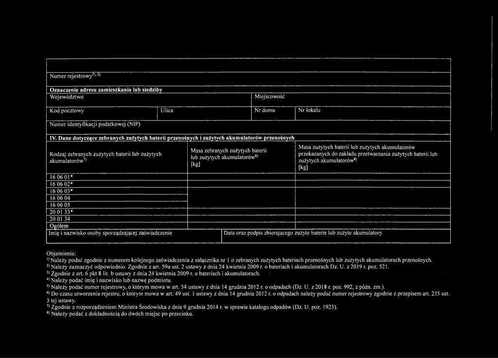 20 01 33* 20 01 34 Ogółem Imię i nazwisko osoby sporządzającej zaświadczenie Masa zebranych zużytych baterii lub zużytych akumulatorów8' [kg] Masa zużytych baterii lub zużytych akumulatorów