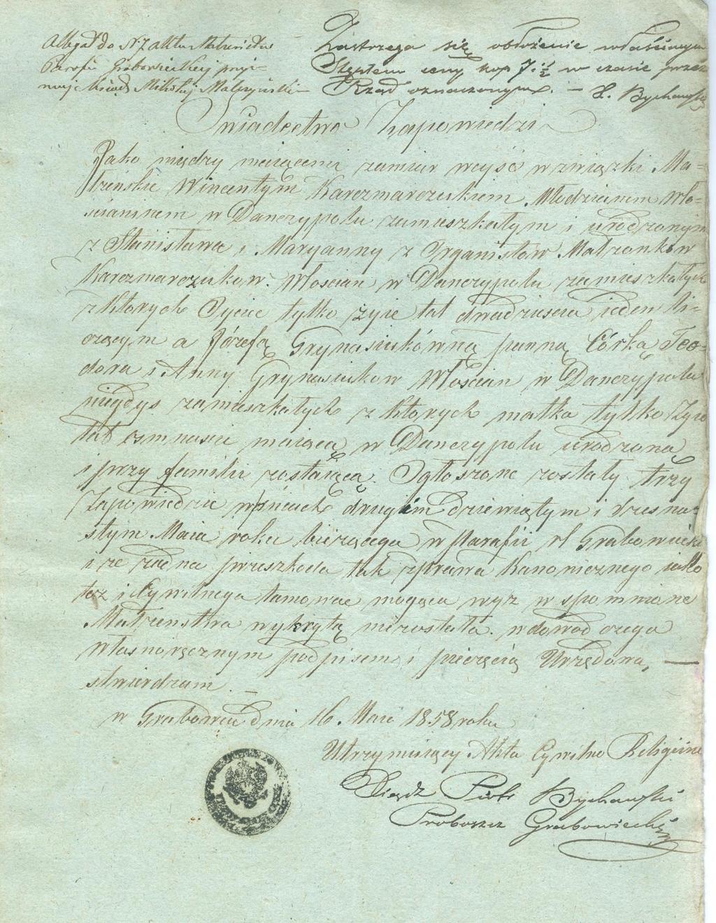 14 Historia Grabowca; dokumenty, legitymacje, dyplomy, medale, ; 1837-1879 Dokument 13 Rok 1858, 16 maja.