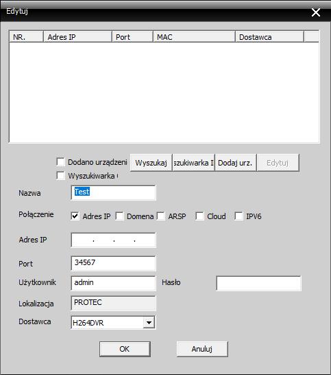 5. Wyświetli się panel dodawania urządzeń. RYS 8: URZĄDZENIA Nazwa - Wpisz dowolną nazwę urządzenia. Połączenie - Rodzaj połączenia z rejestratorem, wybierz adres IP.