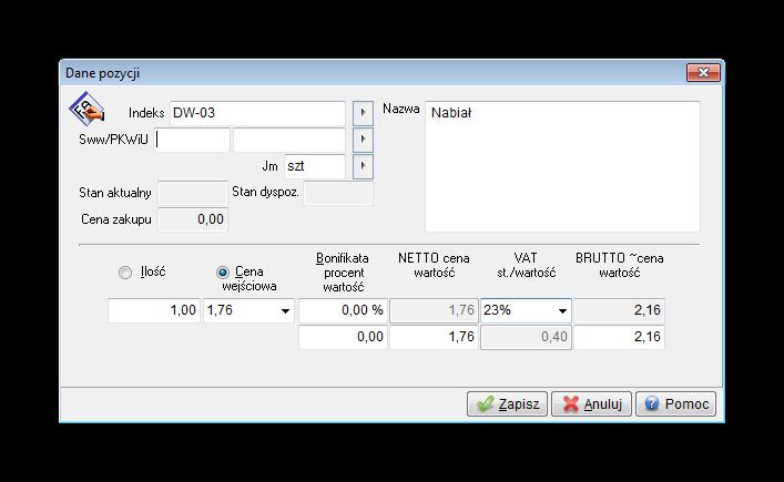 znajdują się w spisie kartotek. Należy wtedy podać wszystkie dane (indeks, nazwa, jednostka miary, stawka VAT, cena).