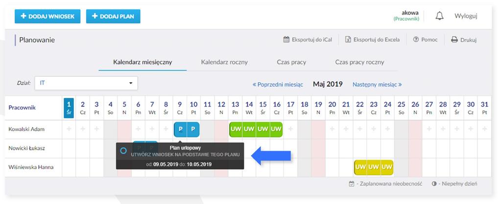 W kalendarzu widoczne są plany urlopowe pracowników oraz wystawione wnioski urlopowe (zarówno zatwierdzone, jak i niezatwierdzone).