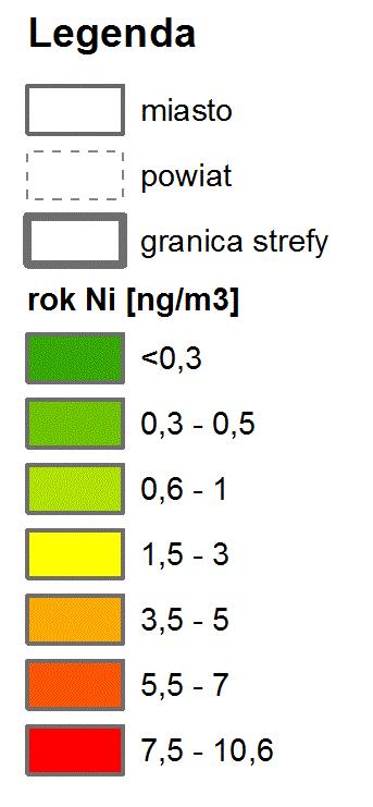 - wyniki modelowania (źródło: [17], [18]) Rys. 4.2.8. Rozkład stężeń średniorocznych kadmu na terenie powiatu niżańskiego w 2014 r.