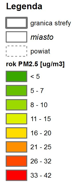 Średnioroczne stężenie pyłu PM2.5 na stacji pomiarowej wyniosło 25,0 μg/m 3 i stanowiło 100% normy rocznej. W 2014 r. dopuszczalne stężenie średnioroczne pyłu PM2.