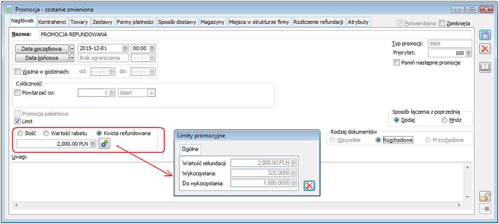 Rysunek 13 Limit w postaci mmaksymalnej kwoty refundacji na promocji oraz informacja o stopniu jej wykorzystania Jeżeli daną promocję oznaczono jako promocję refundowaną, wówczas na jej