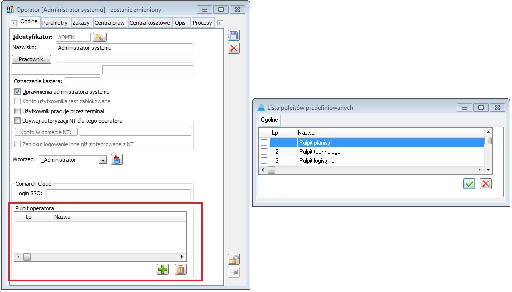 Rysunek 22 Karta operatora, lista Pulpitów operatora Wskazanie predefiniowanego pulpitu będzie możliwe również na wzorcu operatora.