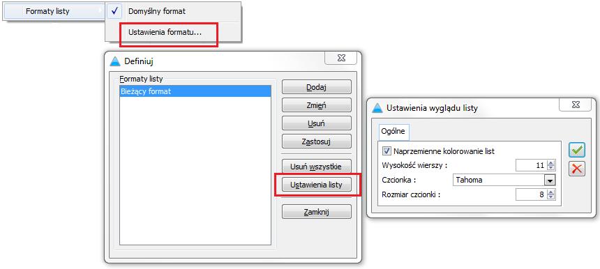 Rysunek 24 Formatowanie, Ustawienia wyglądu listy Rysunek 25 Formatowanie, efekt włączonej opcji naprzemiennego kolorowania list Uwaga: Może się okazać, że po włączeniu naprzemiennego kolorowania, w