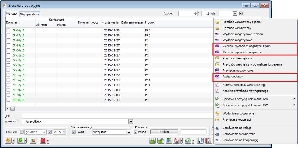 Rysunek 52 Opcje generowania dokumentów AWD i ZWM z poziomu listy zleceń produkcyjnych Na zleceniu