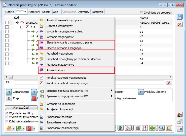 Rysunek 54 Opcje generowania dokumentów AWD/ZWM z poziomu zlecenia produkcyjnego z