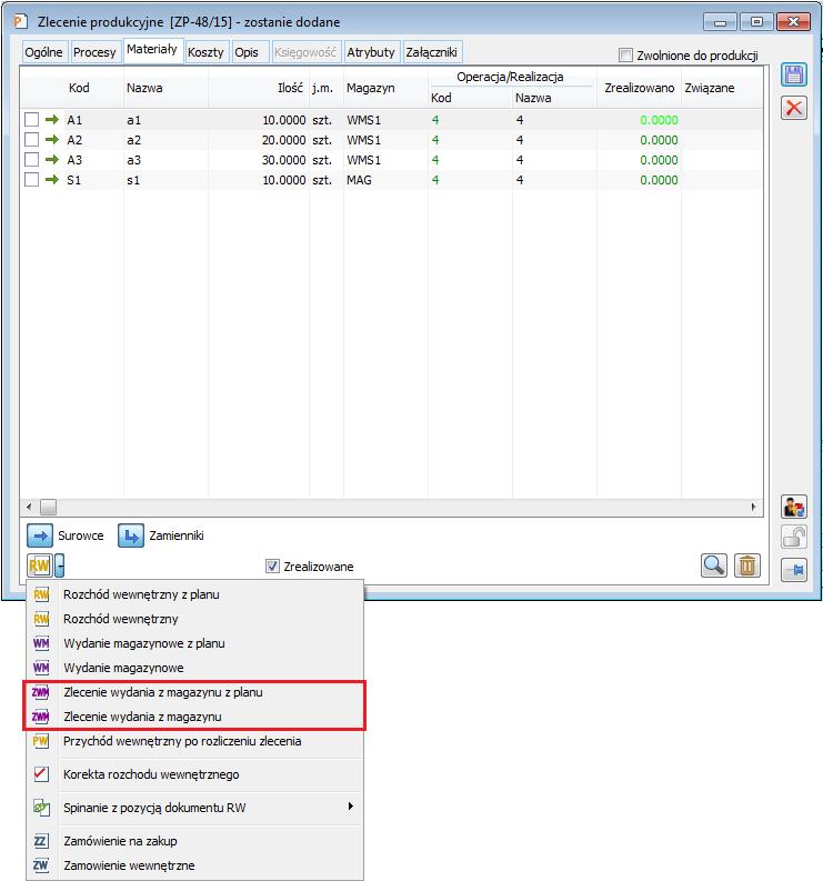 Rysunek 55 Opcje generowania dokumentów ZWM z poziomu zlecenia produkcyjnego, z zakładki: Materiały