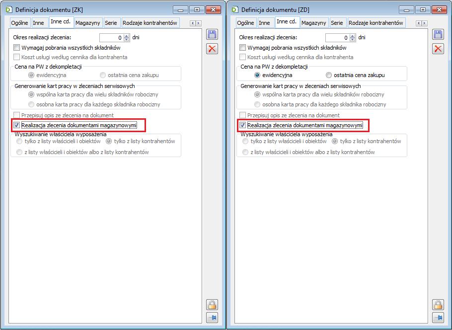 Rysunek 71 Definicja ZK/ZD-parametr: Realizacja zlecenia dokumentami magazynowymi, którego zaznaczenie udostępnia opcje generowania dokumentów magazynowych z ZK/ZD Pozycje zleceń, przenoszone na