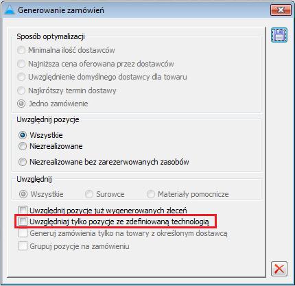 Rysunek 86 Nowy parametr: Uwzględniaj tylko pozycje ze zdefiniowaną technologią w oknie: Generowanie zamówień 3.8.2 Działanie systemu w zależności od wartości parametru 3.