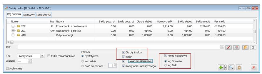 Zaznaczenie dodatkowe czeku Kwoty opisu analitycznego spowoduje wyliczenie obrotów, sald na podstawie kwot pozycji opisu analitycznego spełniającego zdefiniowany