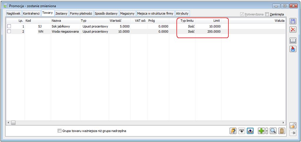 wielkość limitu dla poszczególnych towarów w promocji, dostępna do