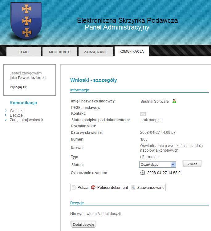 1.4.1 Wnioski Aby wyświetlić wszystkie złożone wnioski, należy przejść do komponentu Komunikacja i wybrać moduł Wnioski. Wyświetlona zostanie lista wniosków.