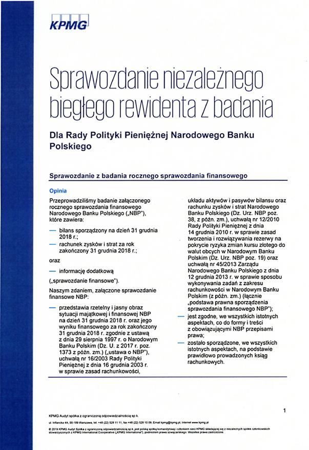 Sprawozdanie finansowe NBP na dzień 31 grudnia 2018 roku wraz ze