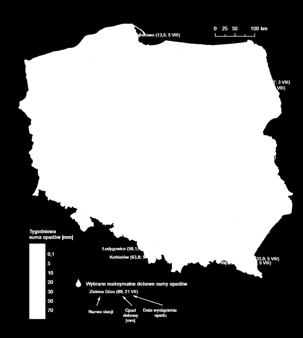 3. Rozkład tygodniowej sumy opadów oraz wybrane maksymalne