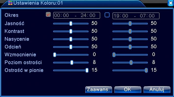 Okres - Można ustawić dwa okresy w zależności od oświetlenia w ciągu dnia i nocy, urządzenie automatycznie przełączy czas konfiguracji. Należy wybrać opcję Włącz zaznaczając V w polu obok terminarza.