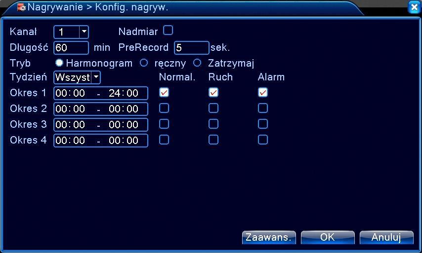 2.1.1 Konfiguracja nagrywania Wejdź do menu głównego i wybierz Nagrywanie Konfiguracja nagrywania, aby wyświetlić poniższe okno. Ustaw parametry nagrywania dla każdego kanału.