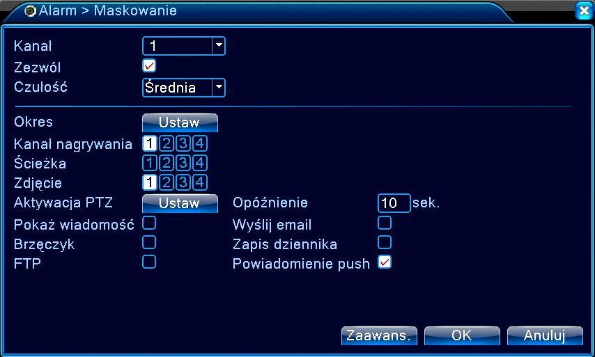 Interwał - Tu można ustawić, czas opóźnienia reakcji na detekcję ruchu. Pozwala to np. na eliminację wykrywanych drgań kamery.