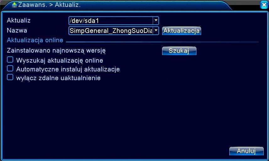 2.4.7 Aktualizacja oprogramowania RYS 62: AKTUALIZACJA Aktualiz. - Wybierz odpowiedni nośnik USB. Nazwa - Wybierz odpowiedni plik z oprogramowaniem. Aktualizacja - Rozpocznij proces aktualizacji.