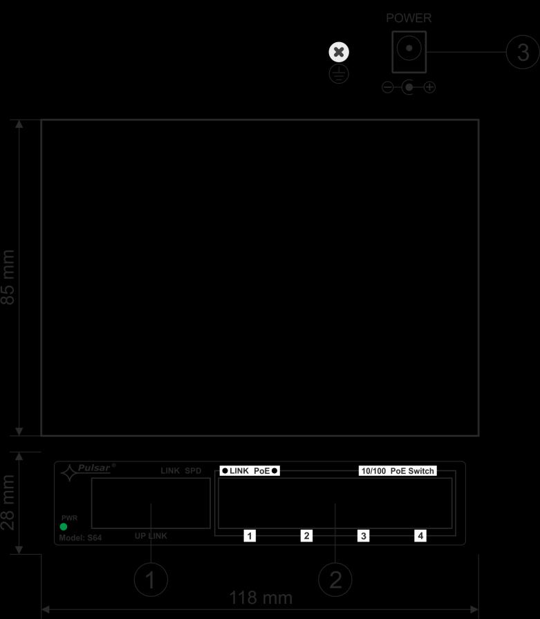 Tabela 2. (patrz rys. 3) Element nr (Rys. 2) [1] 2 x UpLink port [2] 4 x PoE port (1 4) [3] Gniazdo zasilania DC Opis Rys. 3. Widok switch'a. 1.4. Parametry techniczne Tabela 3.