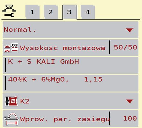 rozrzutnik wapna LIME-PowerPack. W tym menu można ustawić parametry dotyczące nawozu i trybu rozsiewania.