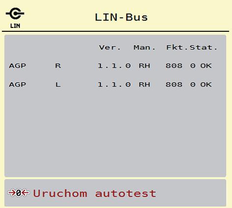 Obsługa AXENT ISOBUS Przykład Linbus 1. Wywołać menu System/test > Test/diagnostyka. 2. Wywołać pozycję menu Linbus. Wyświetlacz pokazuje status siłowników/czujników. 3 1 2 Rysunek.