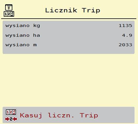 Obsługa AXENT ISOBUS.11.1 Licznik Trip W tym menu można odczytać parametry wykonanego wysiewu, obserwować pozostałą ilość nawozu oraz wyzerować licznik Trip. Wywołać menu. Pojawia się menu.
