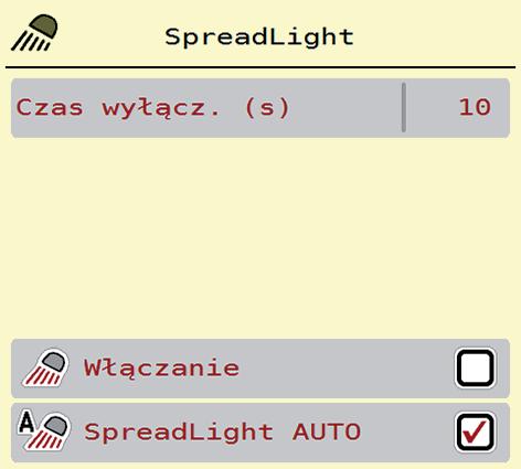 Obsługa AXENT ISOBUS.13 Reflektor roboczy (SpreadLight) W tym menu można aktywować funkcję SpreadLight i monitorować obraz wysiewu również w trybie nocnym.