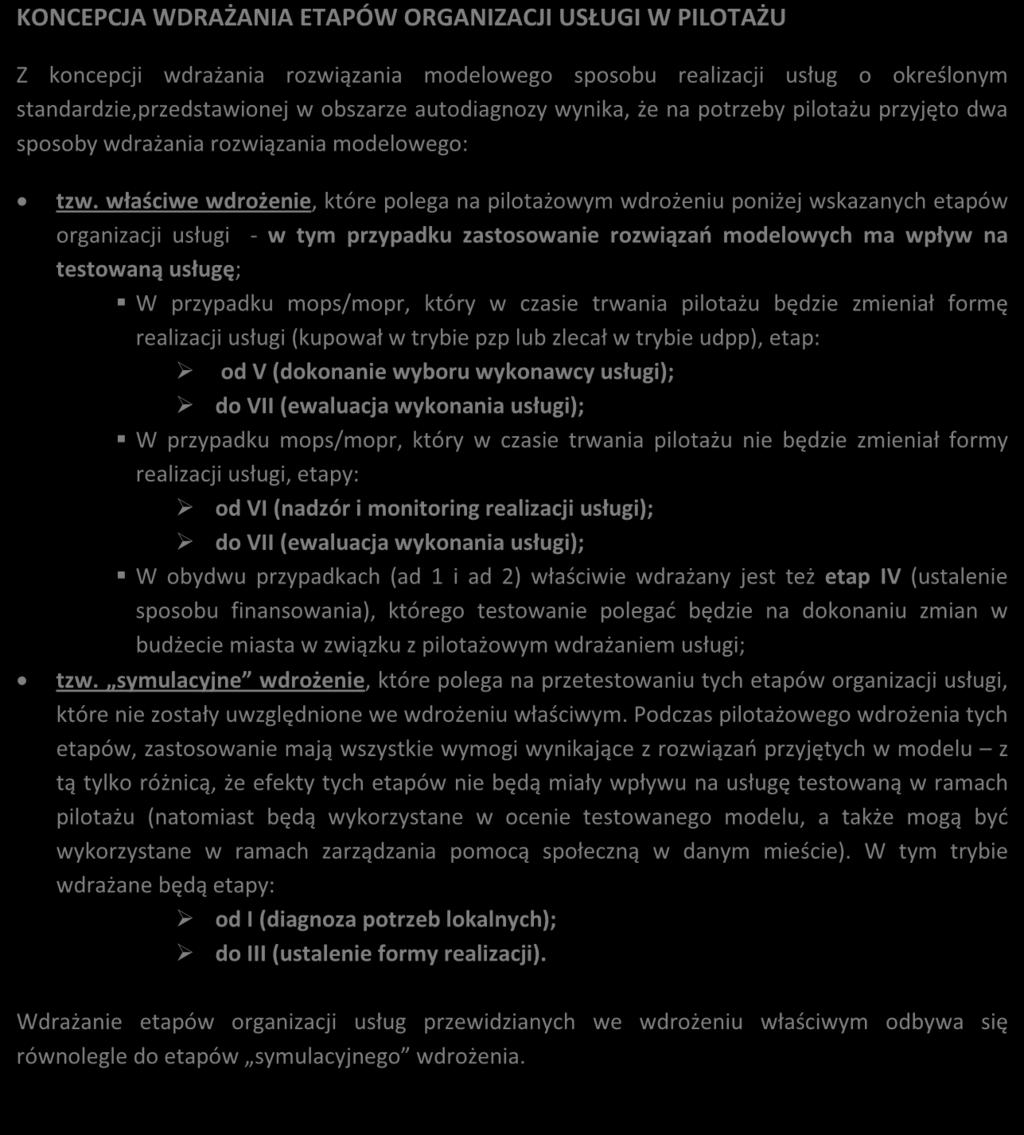 KONCEPCJA WDRAŻANIA ETAPÓW ORGANIZACJI USŁUGI W PILOTAŻU Z koncepcji wdrażania rozwiązania modelowego sposobu realizacji usług o określonym standardzie,przedstawionej w obszarze autodiagnozy wynika,