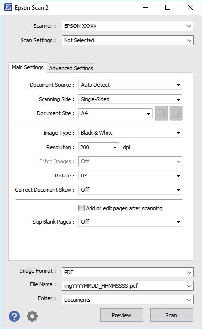 Skanowanie 5. Skonfiguruj ustawienia zapisu plików. Format obrazu: wybór formatu zapisu z listy dostępnych pozycji. Można dostosowywać ustawienia poszczególnych formatów poza MAPA BITOWA i PNG.
