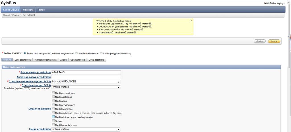 Jeżeli operacja dopisania przedmiotu nie udała się na ekranie pojawia się lista błędów (lista pól, które są wymagane, a nie zostały uzupełnione).