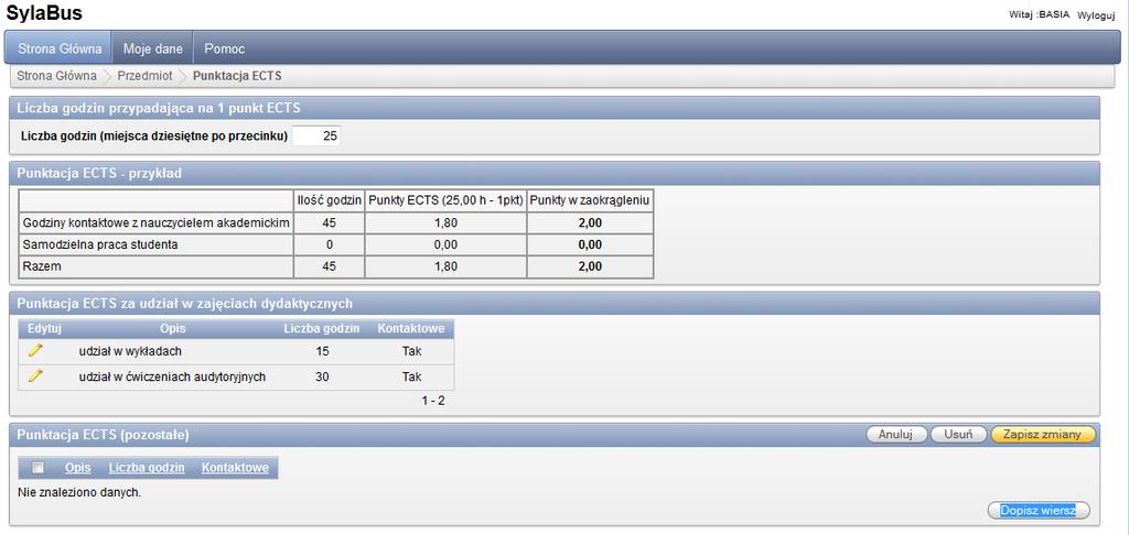 Wprowadzone zajęcia są automatycznie widoczne w kalkulatorze ECTS i liczba ich godzin jest