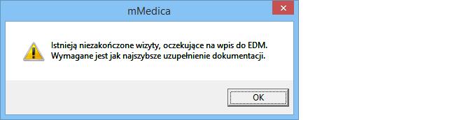 W celu uzupełnieniu wpisu w EDM należy otworzyć wizytę, poprzez dwukrotne kliknięcie lewym przyciskiem myszy na wybranym rekordzie lub poprzez wybranie przycisku Dane wizyty, a następnie dokonać jej