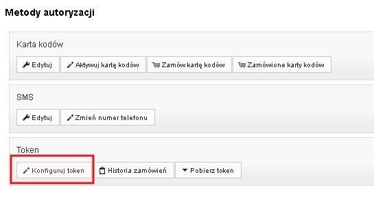 Dostępne opcje dla metody autoryzacji Token Wchodząc w Ustawienia >> Metody autoryzacji, wyświetli się poniższy ekran z widoczną metodą autoryzacji Token, gdzie należy użyć