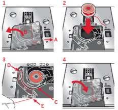 Wkładanie szpulki Należy się upewnić przed włożeniem lub wyjęciem szpulki, czy igła jest w pełni uniesiona, a maszyna do szycia wyłączona.