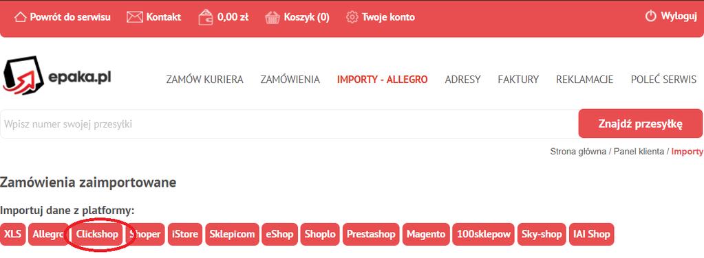 3. Następnie konieczne będzie wybranie platformy sprzedażowej, z której wyeksportowaliśmy plik. Na przykładzie widoczny jest import z platformy Clickshop. 4.