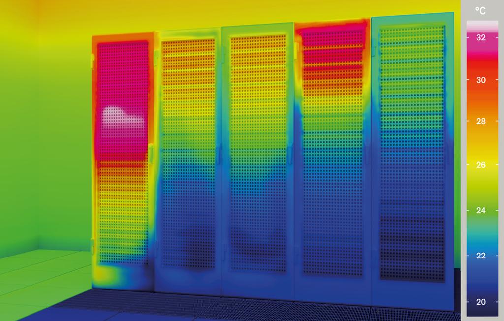 Systemy dystrybucji powietrza firmy STULZ Obraz termograficzny uwidacznia zimne i gorące strefy w centrum obliczeniowym. Umożliwia to rozpoznanie krytycznych obszarów szaf serwerowych.