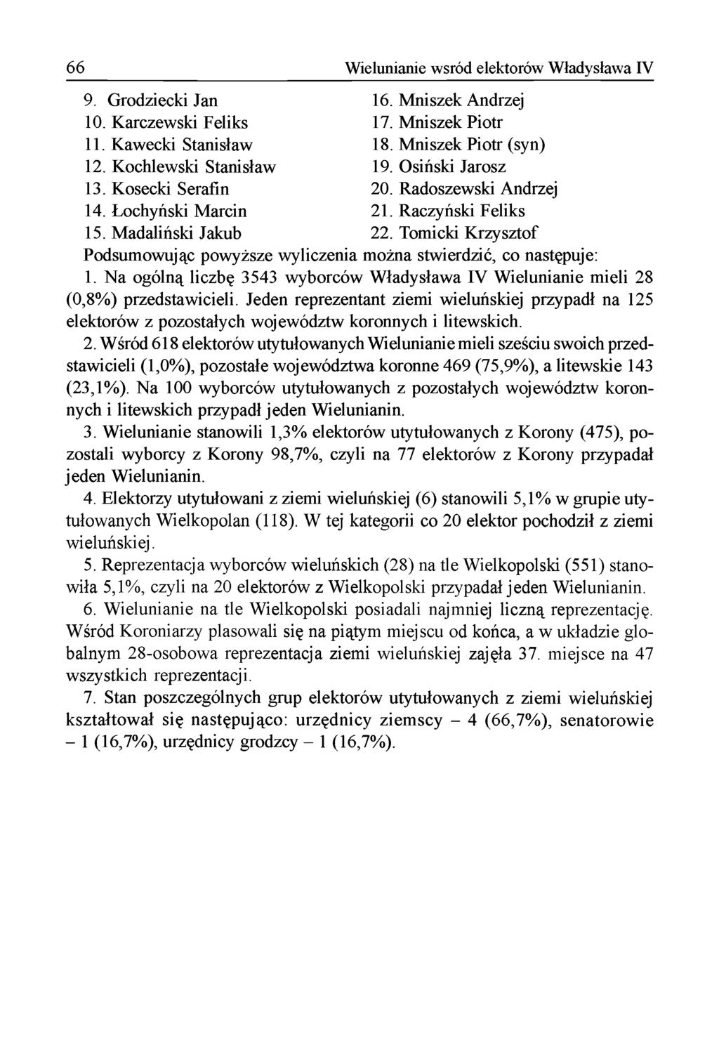 66 Wielunianie wśród elektorów Władysława IV 9. G rodziecki Jan 10. K arczew ski Feliks 11. K aw ecki Stanisław 12. K ochlew ski Stanisław 13. K osecki Serafin 14. Łochyński M arcin 15.