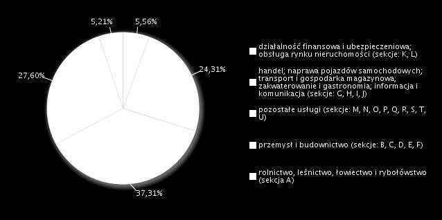 27 i rybołówstwem. Nieznacznie więcej, bo 5,56% ogółu badanych przedsiębiorstw działa w zakresie działalności finansowej i ubezpieczeniowe, jak i obsłudze rynku nieruchomości.