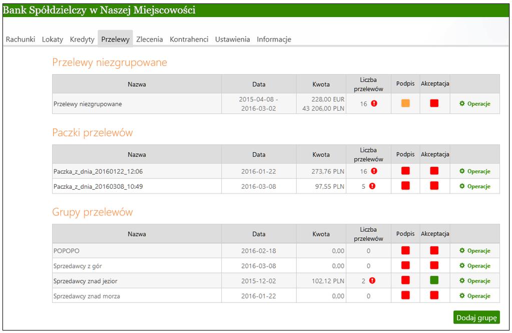 9.12. Widok zagregowany Widok zagregowany to zestawienie przelewów niezgrupowanych, paczek przelewów i grup przelewów.