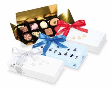 W każdej z nich znajdują się wyborne czekoladki w wyszukanych smakach i kształtach, w tym również z kolekcji bożonarodzeniowej.