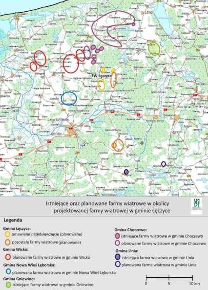 Rysunek 15 Istniejące oraz planowane farmy wiatrowe w okolicy gminy Łęczyce Źródło: Dane z Urzędu Gminy w Łęczycach w Programie ochrony środowiska dla Gminy Łęczyce na lata 2014 2017, z perspektywą