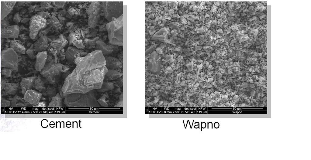 Fot 5. Cząsteczki cementu i wapna w powiększeniu 2500x. Dzięki tym właściwościom wapna ta stosunkowo niewielka ilość wody, która wniknie do muru zostaje odprowadzona poprzez paroprzepuszczalną spoinę.
